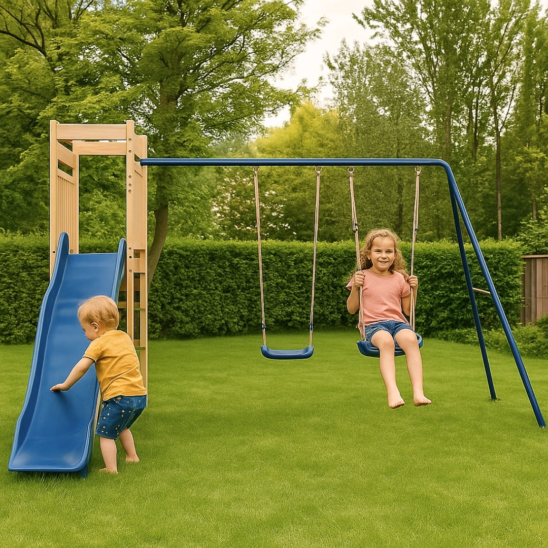 Balançoire double avec Toboggan et Echelle d’escalade – Enfant 3-8 ans - Aire de jeux Montessori sécurité & joie au jardin - Livraison Octobre 2025 - JouetApprends