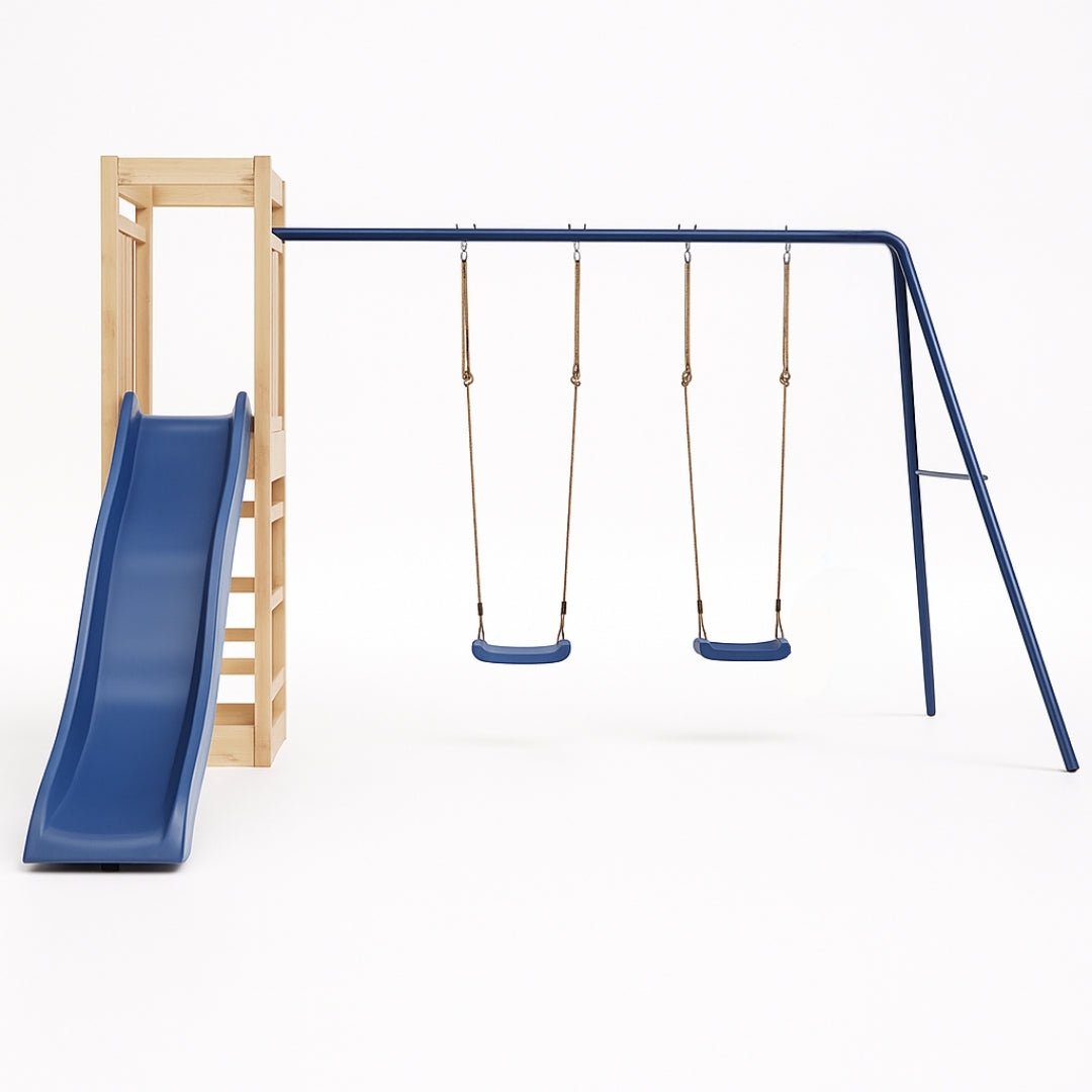 Balançoire double avec Toboggan et Echelle d’escalade – Enfant 3-8 ans - Aire de jeux Montessori sécurité & joie au jardin - Livraison Octobre 2025 - JouetApprends