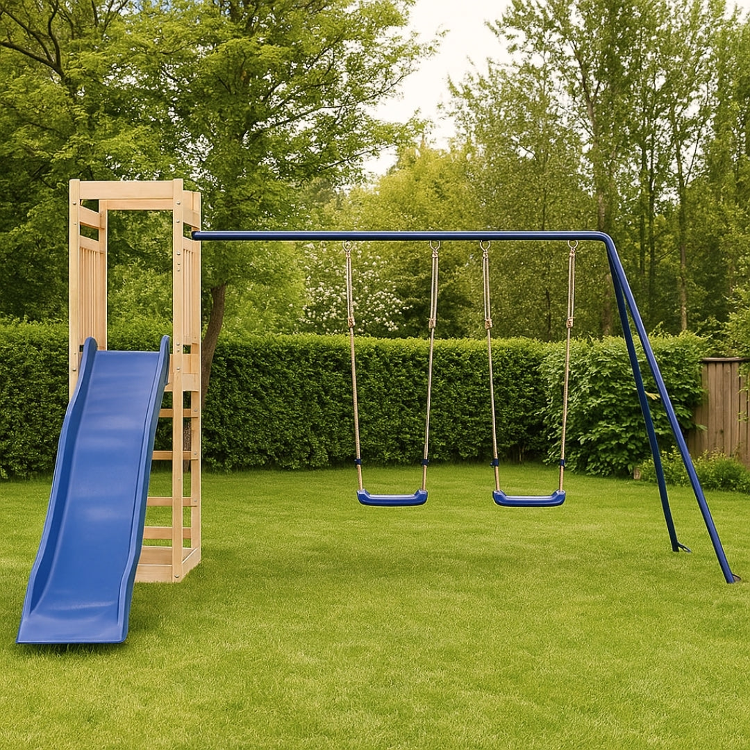 Balançoire double avec Toboggan et Echelle d’escalade – Enfant 3-8 ans - Aire de jeux Montessori sécurité & joie au jardin - Livraison Octobre 2025 - JouetApprends
