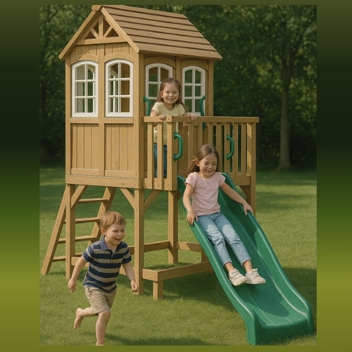 Aire de jeux enfant Montessori - 3 en 1 Balançoire, Toboggan, Cabane en bois modulable - JouetApprends