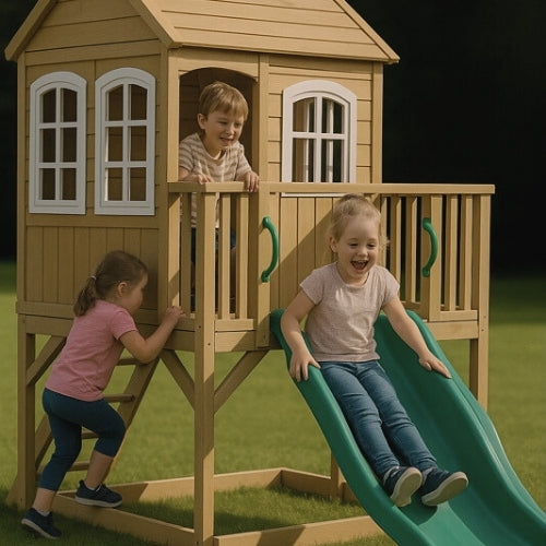 Aire de jeux enfant Montessori - 3 en 1 Balançoire, Toboggan, Cabane en bois modulable - JouetApprends