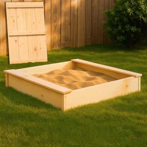 Bac à sable en bois massif avec couvercle intégré – Éveil Montessori pour enfants de 1 à 6 ans au jardin