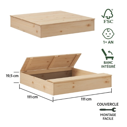 Bac à sable en bois massif avec couvercle intégré – Éveil Montessori pour enfants de 1 à 6 ans au jardin