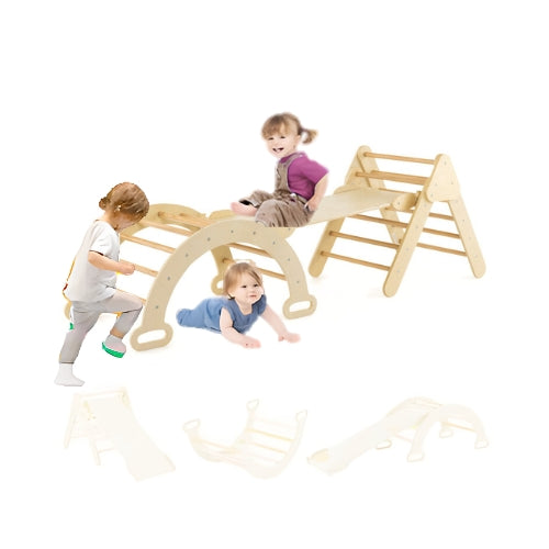 Aire de Jeux Montessori 3-en-1 : Triangle Pikler, Arche & Rampe d'escalade - Motricité & Eveil (8 mois - 6 ans)