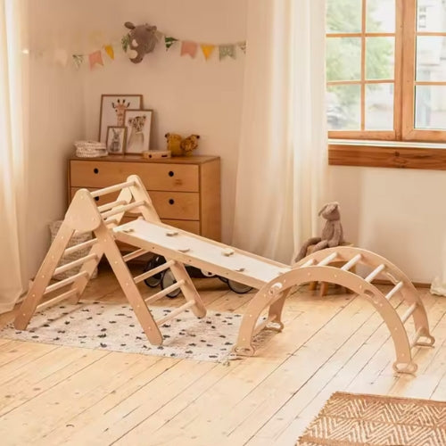 Aire de Jeux Montessori 3-en-1 : Triangle Pikler, Arche & Rampe d'escalade - Motricité & Eveil (8 mois - 6 ans)