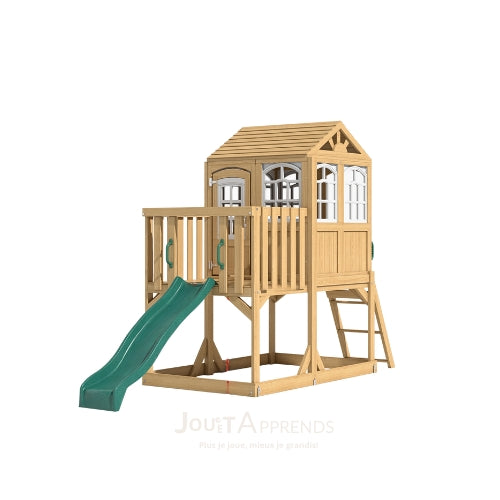 Aire de jeux enfant Montessori - 3 en 1 Balançoire, Toboggan, Cabane en bois modulable - JouetApprends