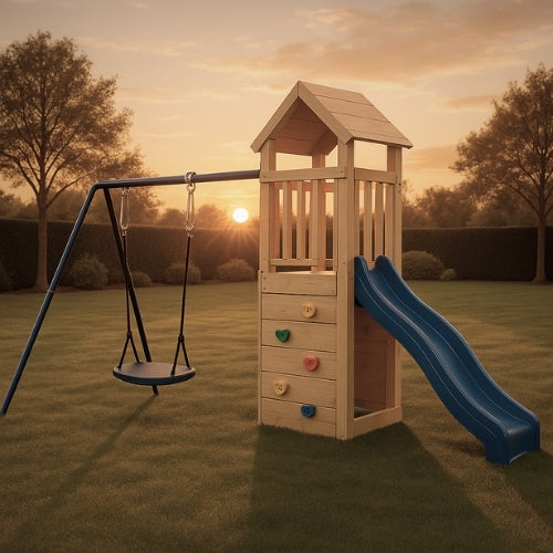 Aire de jeux extérieur en bois pour enfant 3-8 ans – Balançoire + Toboggan + Mur d’escalade - Livraison Rapide - JouetApprends
