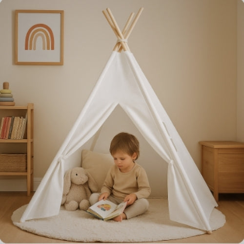 Tipi enfant Montessori en bois blanc avec fenêtre et sac - Tente chambre 3-7 ans