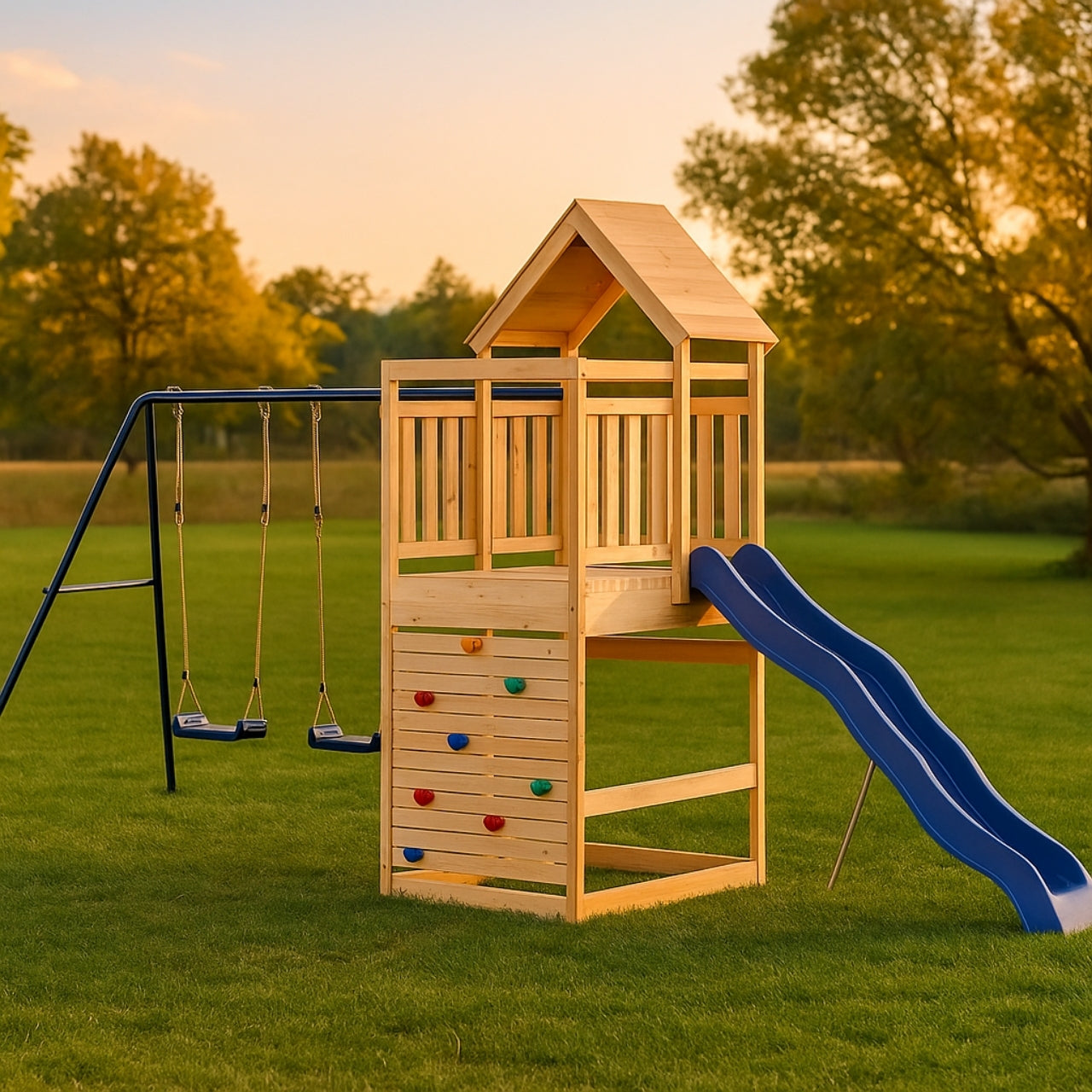 Balançoire double avec Toboggan Tour Maison/Cabane et Mur d’escalade – Enfant 3-8 ans - Aire de jeux Montessori en bois - Joie au jardin - Livraison Rapide - JouetApprends