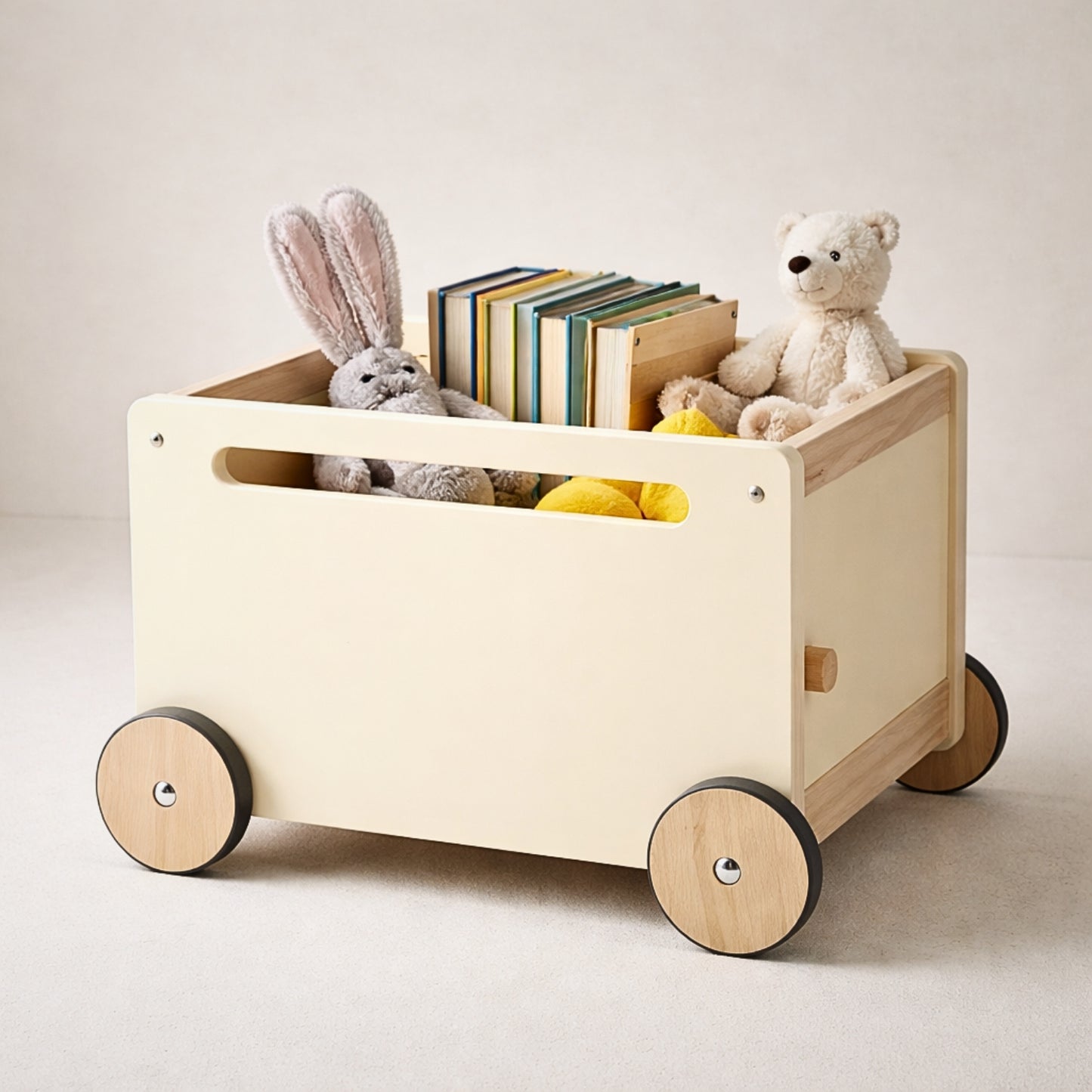 Chariot de rangement enfant en bois Montessori - Meuble rangement Jouets & Livres chambre - Design beige - JouetApprends
