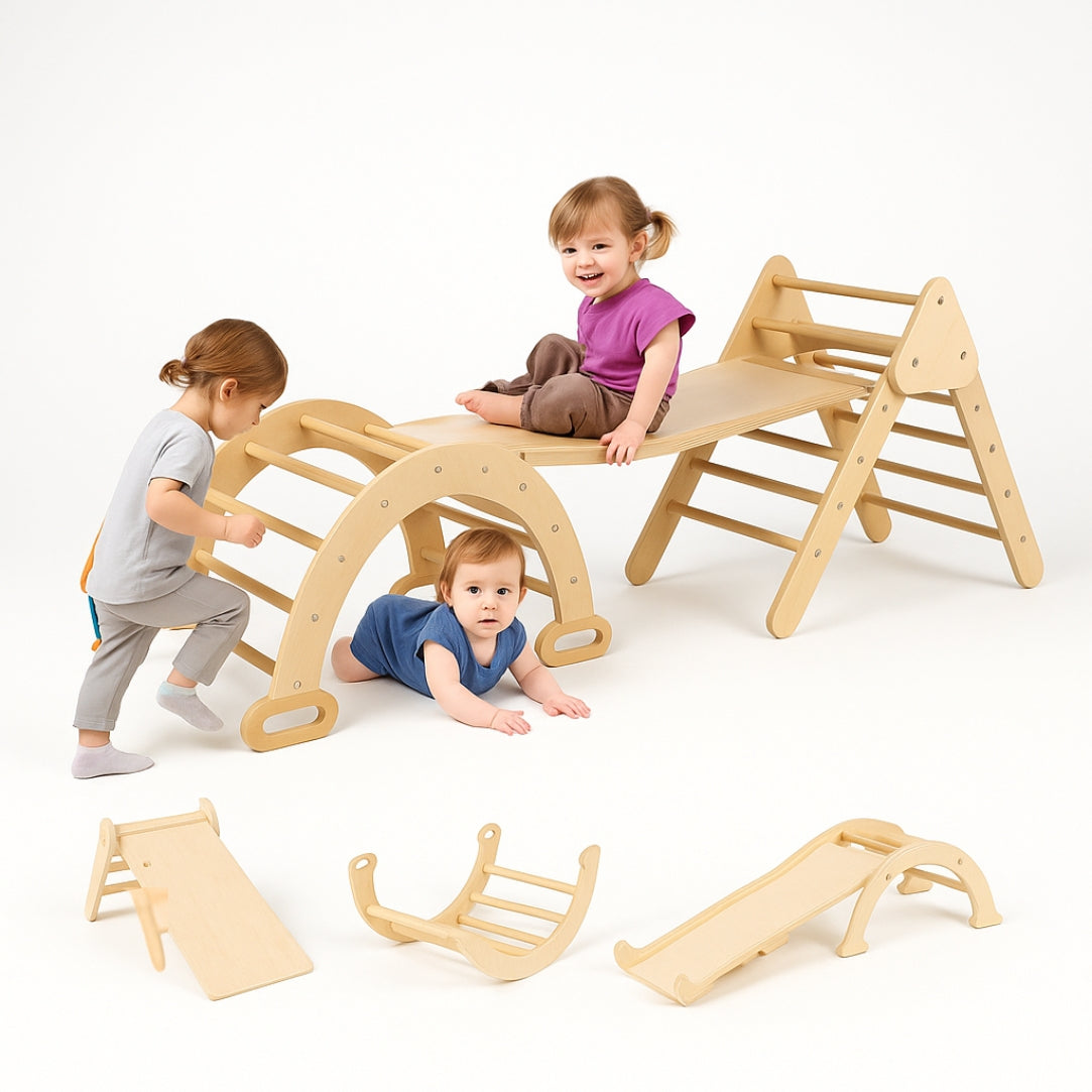 7-en-1 Triangle Pikler, Arche Montessori & Rampe d'escalade (Grand) - Aire de Jeux Intérieur - Motricité & Eveil 8 mois - 5 ans - JouetApprends