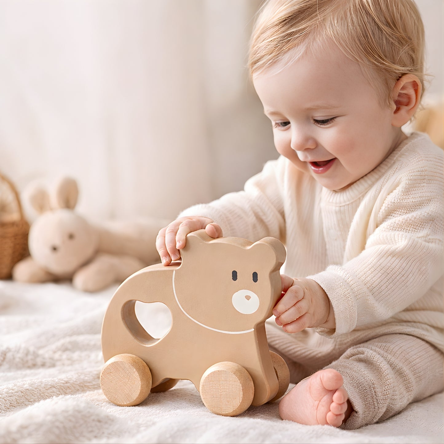Petit Ours brun à pousser en bois - Jouet bébé Montessori dès 1 an - JouetApprends