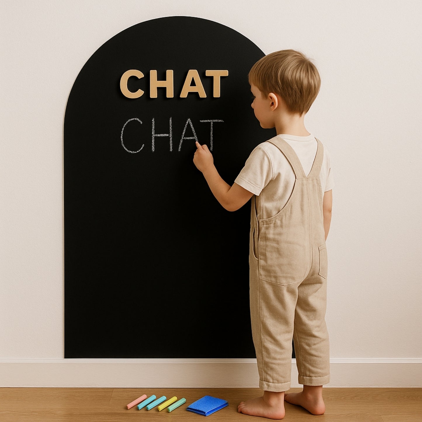 Tableau magnétique enfant Montessori : écrire, lire, jouer — Lettres Alphabet magnétiques en bois, 6 Craies pastel, Jeu memory 44 mots