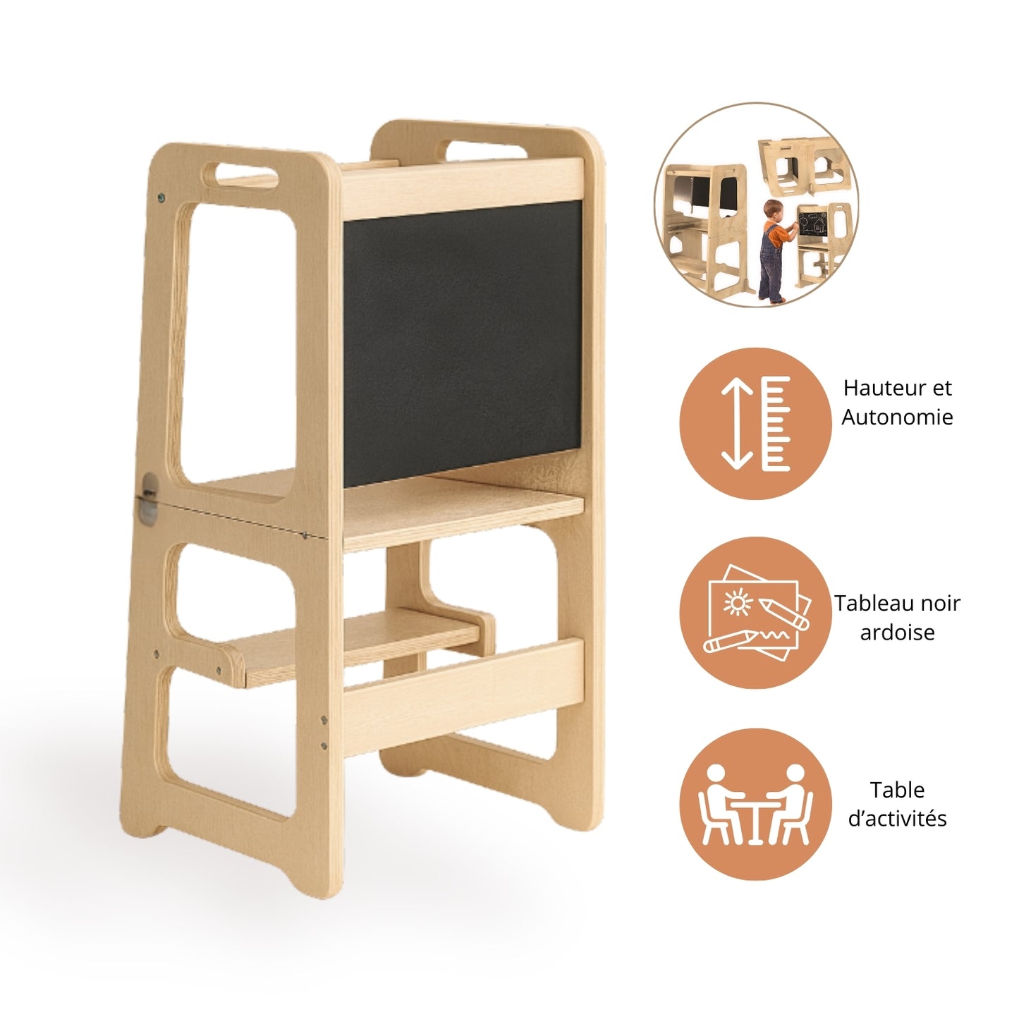 Tour d'observation Enfant Montessori - 3 en 1 - Pliable en Table d'activités - Tableau dessin - JouetApprends