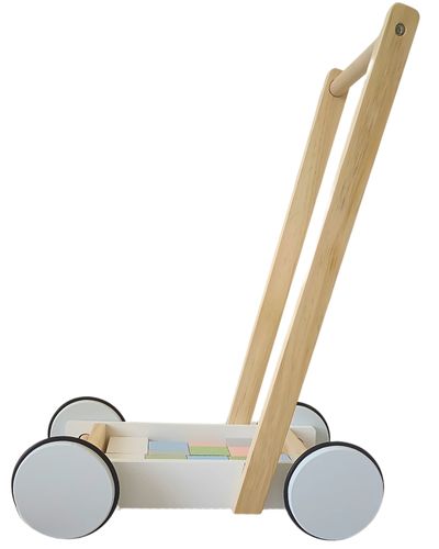 Chariot de marche en bois blanc avec blocs de construction en bois