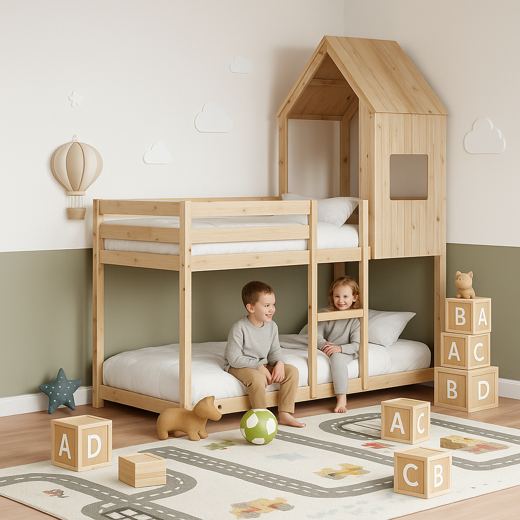 Lit cabane superposé enfant 90 x 190 cm en bois massif