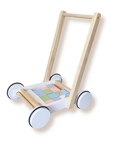 Chariot de marche en bois blanc avec blocs de construction en bois