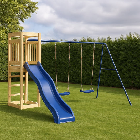 Balançoire double avec Toboggan et Echelle d’escalade – Enfant 3-8 ans - Aire de jeux Montessori sécurité & joie au jardin