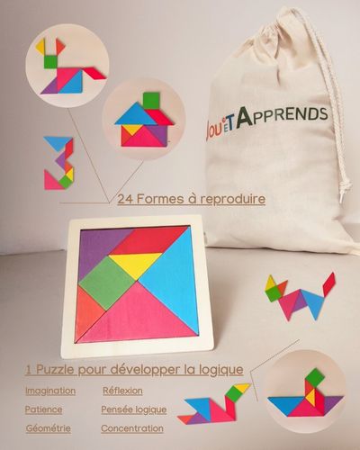 Puzzle Tangram En Bois éducatif – 9 Blocs Colorés, Pour Enfants, Idéal Apprentissage Formes Et Couleurs - 4