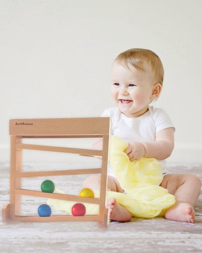 Bébé assis - Traqueur de balles - Circuit de billes en bois pour bébé - Roule boule - Jouet Montessori 6 mois et plus
