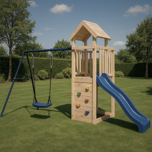 Aire de jeux extérieur en bois pour enfant 3-8 ans – Balançoire + Toboggan + Mur d’escalade