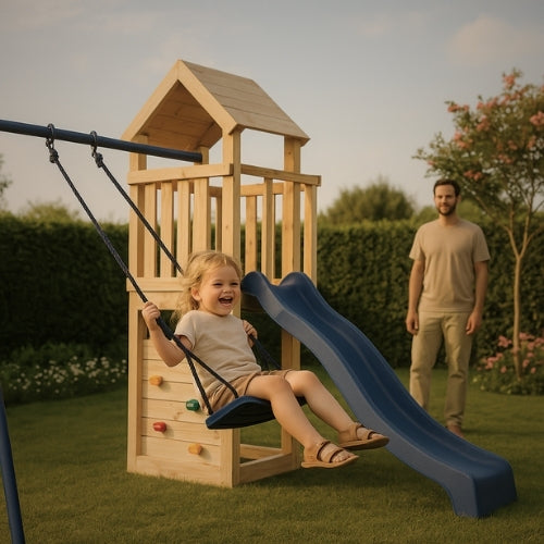Aire de jeux extérieur en bois pour enfant 3-8 ans – Balançoire + Toboggan + Mur d’escalade - Livraison Rapide