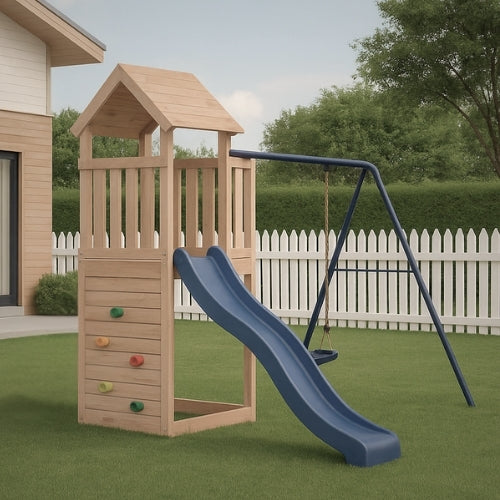 Aire de jeux extérieur en bois pour enfant 3-8 ans – Balançoire + Toboggan + Mur d’escalade - Livraison Rapide