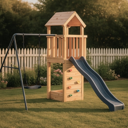 Aire de jeux extérieur en bois pour enfant 3-8 ans – Balançoire + Toboggan + Mur d’escalade - Livraison Rapide