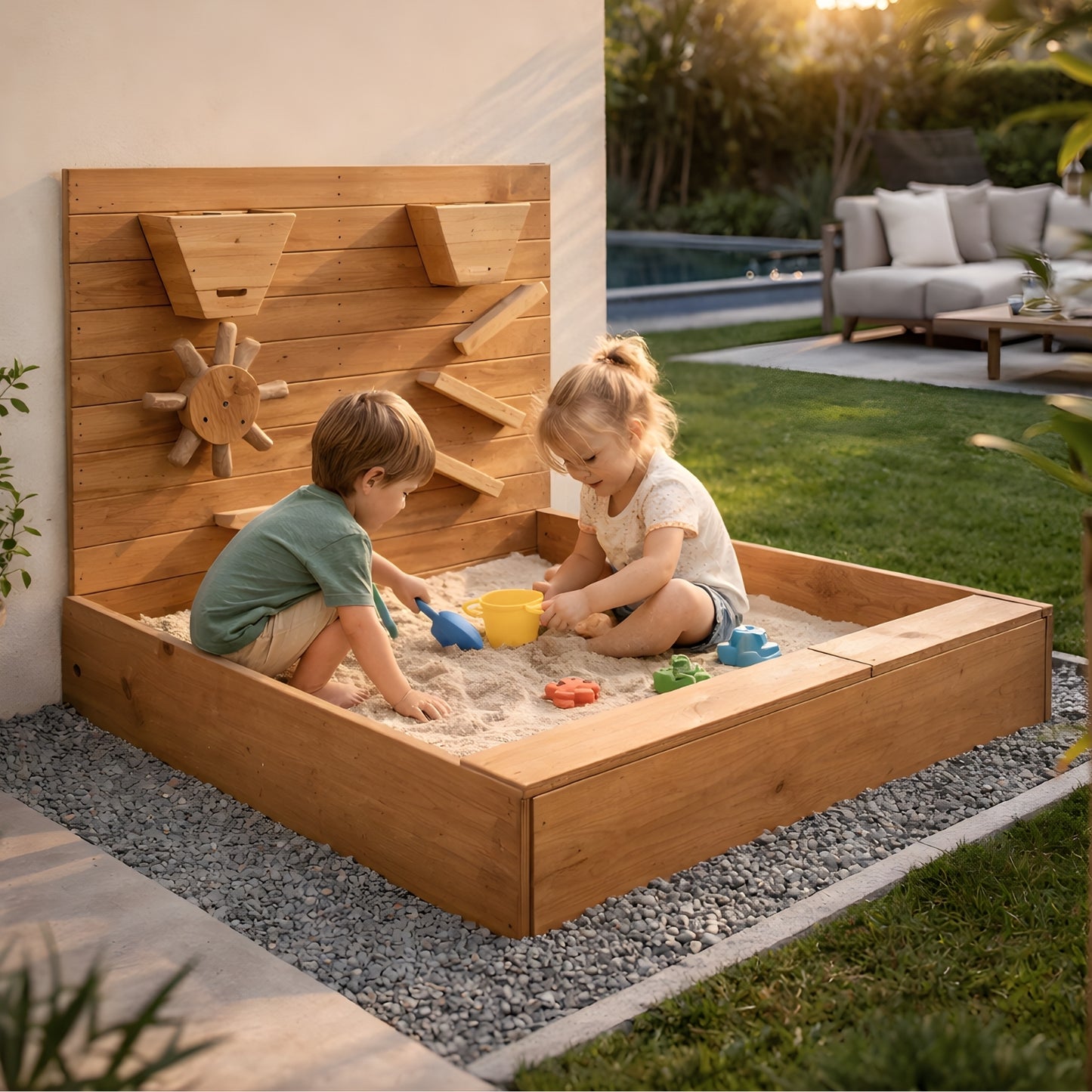 Bac à sable bois avec couverture | Banc intégré | Aire de jeux extérieur enfant 1-6 ans | Jardin Montessori - JouetApprends