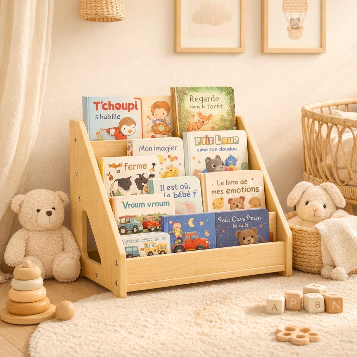 Bibliothèque bois enfant - 5 Rangs - Rangement livres chambre Montessori 1-5 ans - JouetApprends