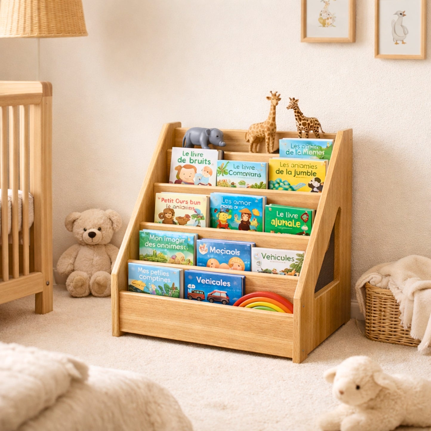 Bibliothèque bois enfant - 5 Rangs - Rangement livres chambre Montessori 1-5 ans - JouetApprends