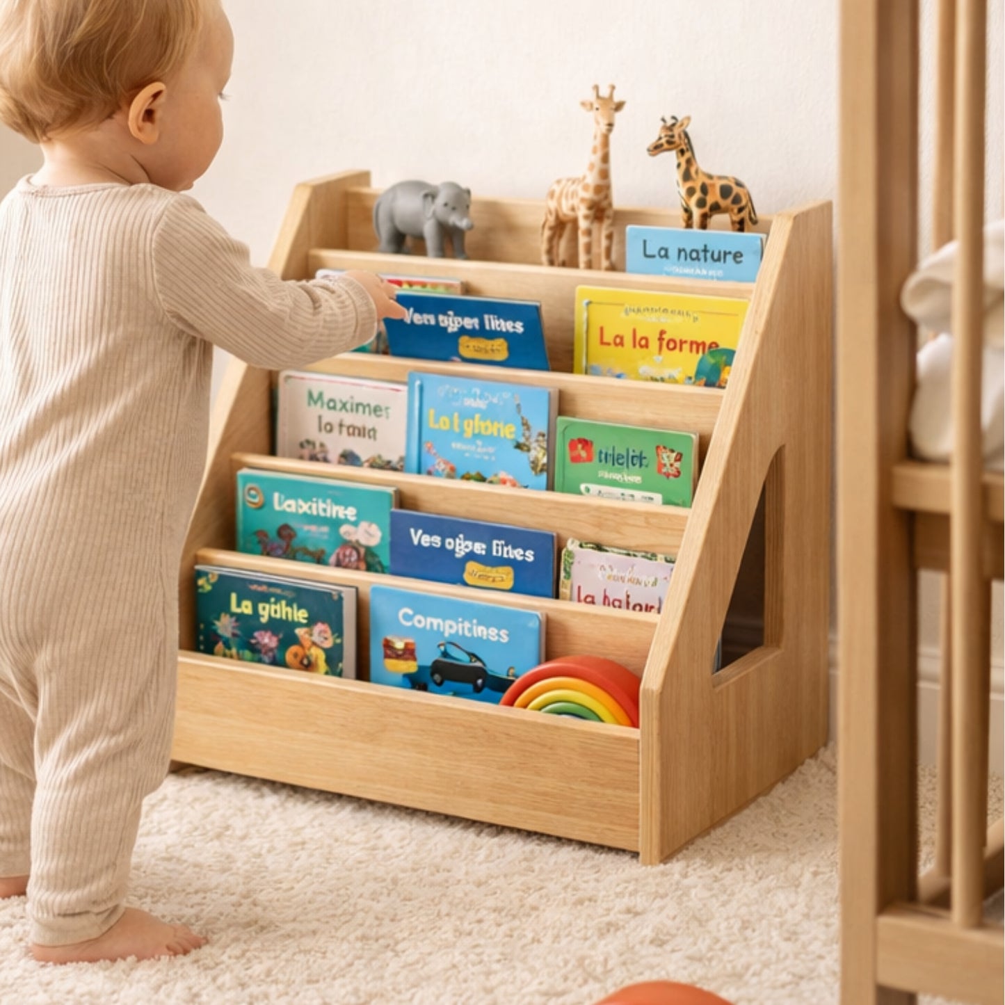 Bibliothèque bois enfant - 5 Rangs - Rangement livres chambre Montessori 1-5 ans - JouetApprends