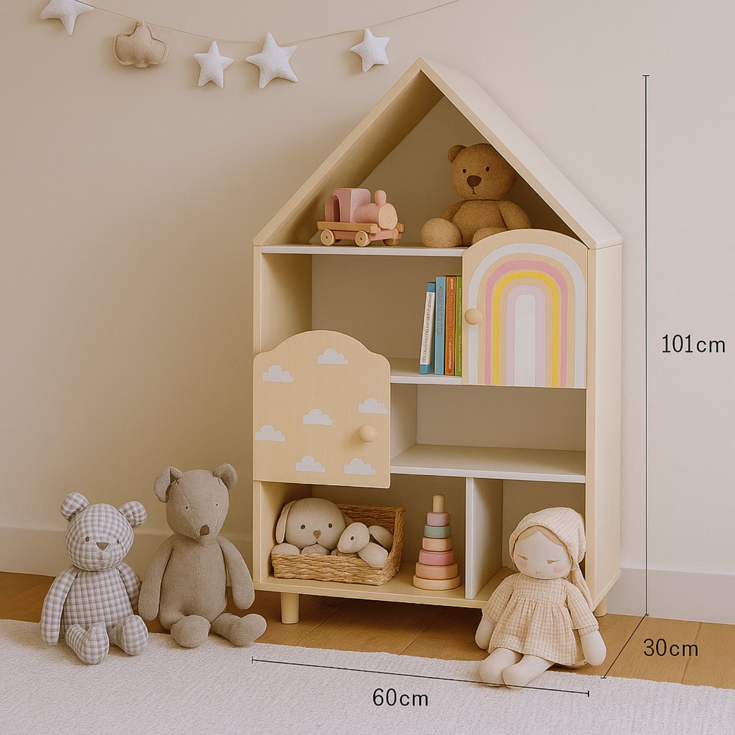 Bibliothèque enfant Montessori maison - Meuble de rangement jouets & livres - avec 2 portes - bois - Design maison de poupée