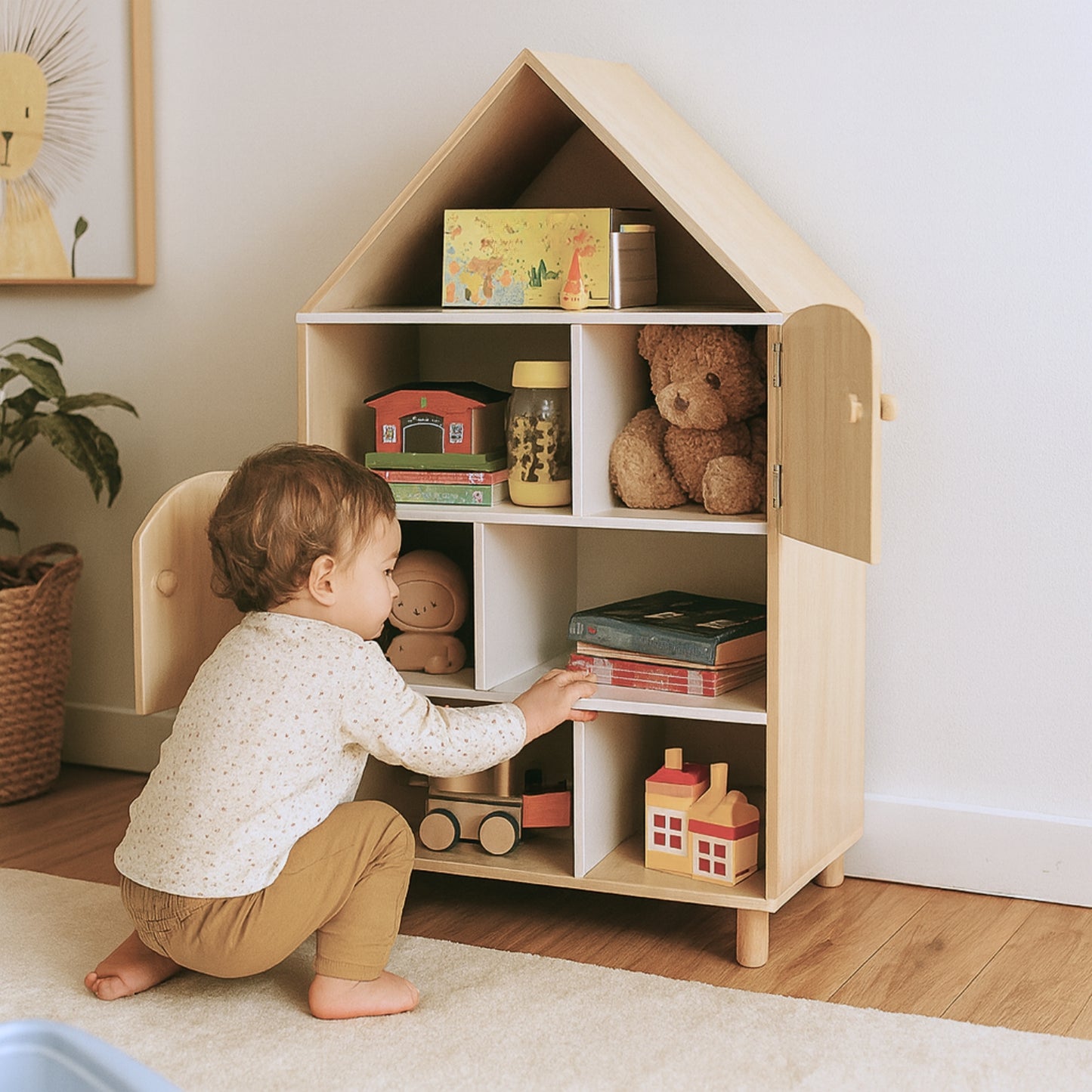 Bibliothèque enfant Montessori maison - Meuble de rangement jouets & livres - avec 2 portes - bois - Design maison de poupée