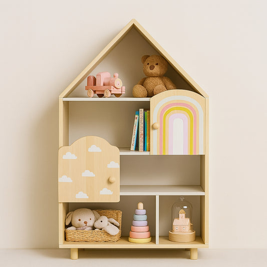 Bibliothèque enfant Montessori maison - Meuble de rangement jouets & livres - avec 2 portes - bois - Design maison de poupée