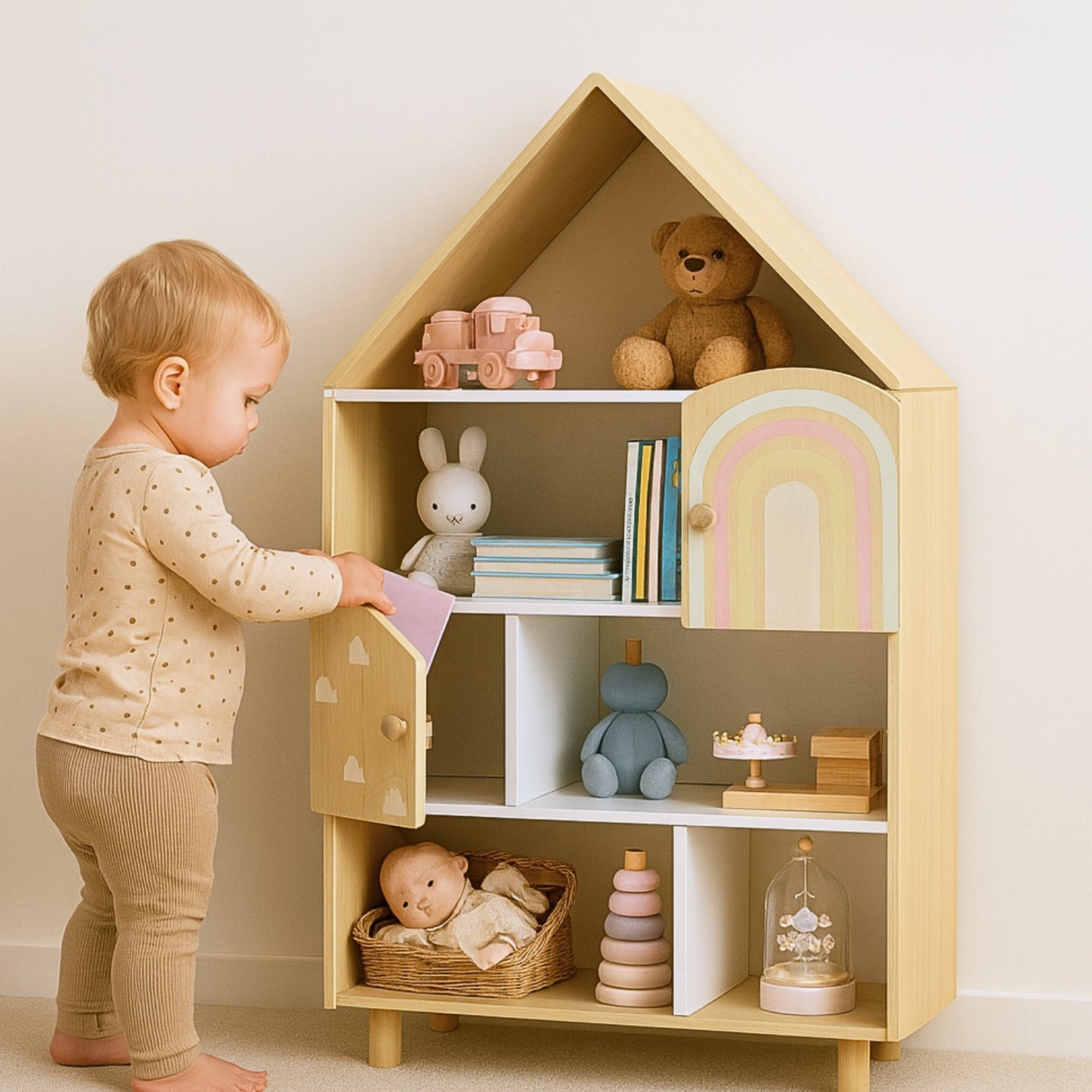 Bibliothèque enfant Montessori maison - Meuble de rangement jouets & livres - avec 2 portes - bois - Design maison de poupée