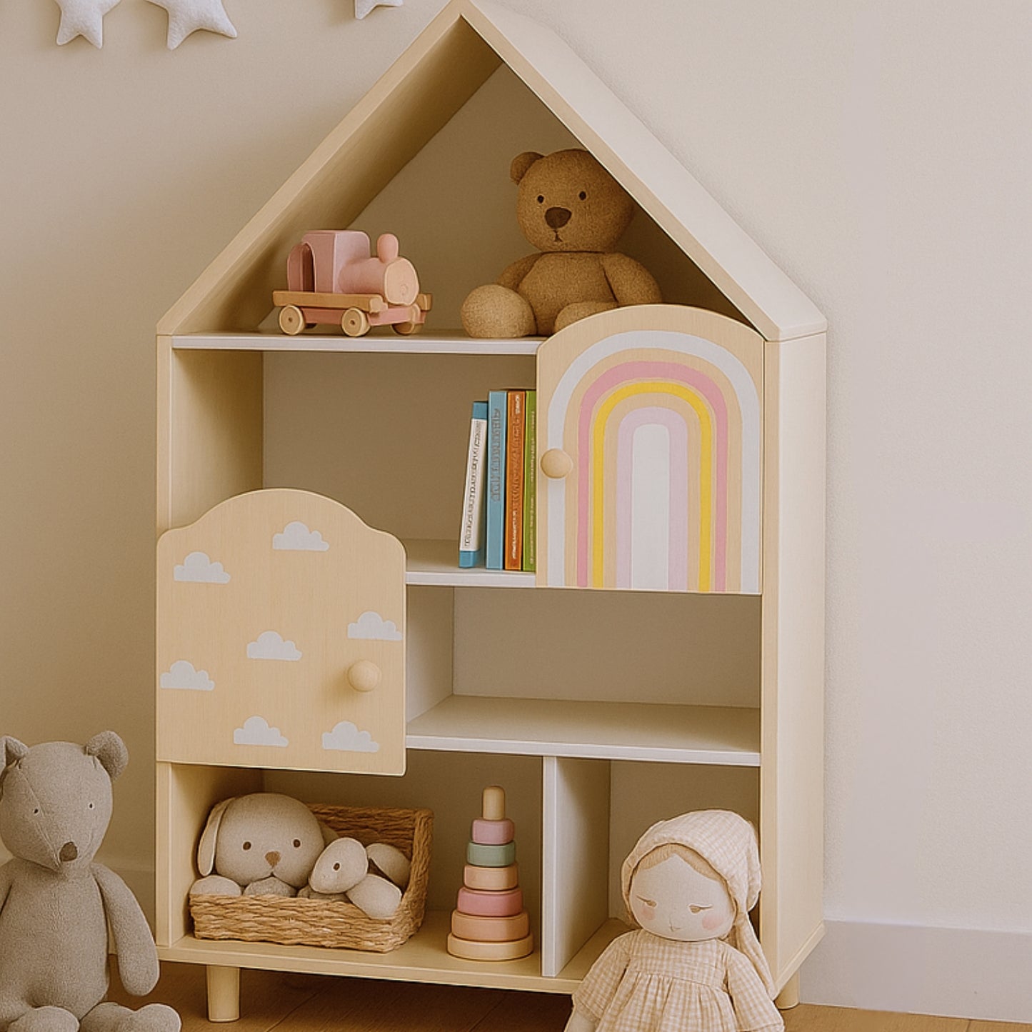 Bibliothèque enfant Montessori maison - Meuble de rangement jouets & livres - avec 2 portes - bois - Design maison de poupée