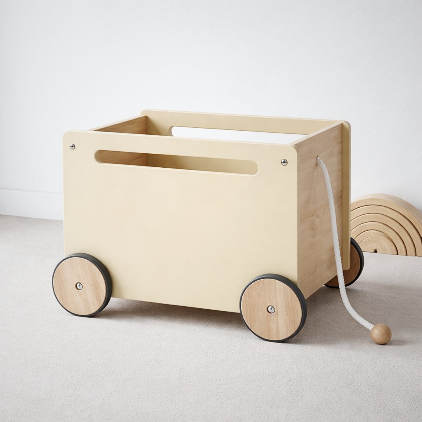 Chariot de rangement enfant en bois Montessori - Meuble rangement Jouets & Livres chambre - Design beige - JouetApprends