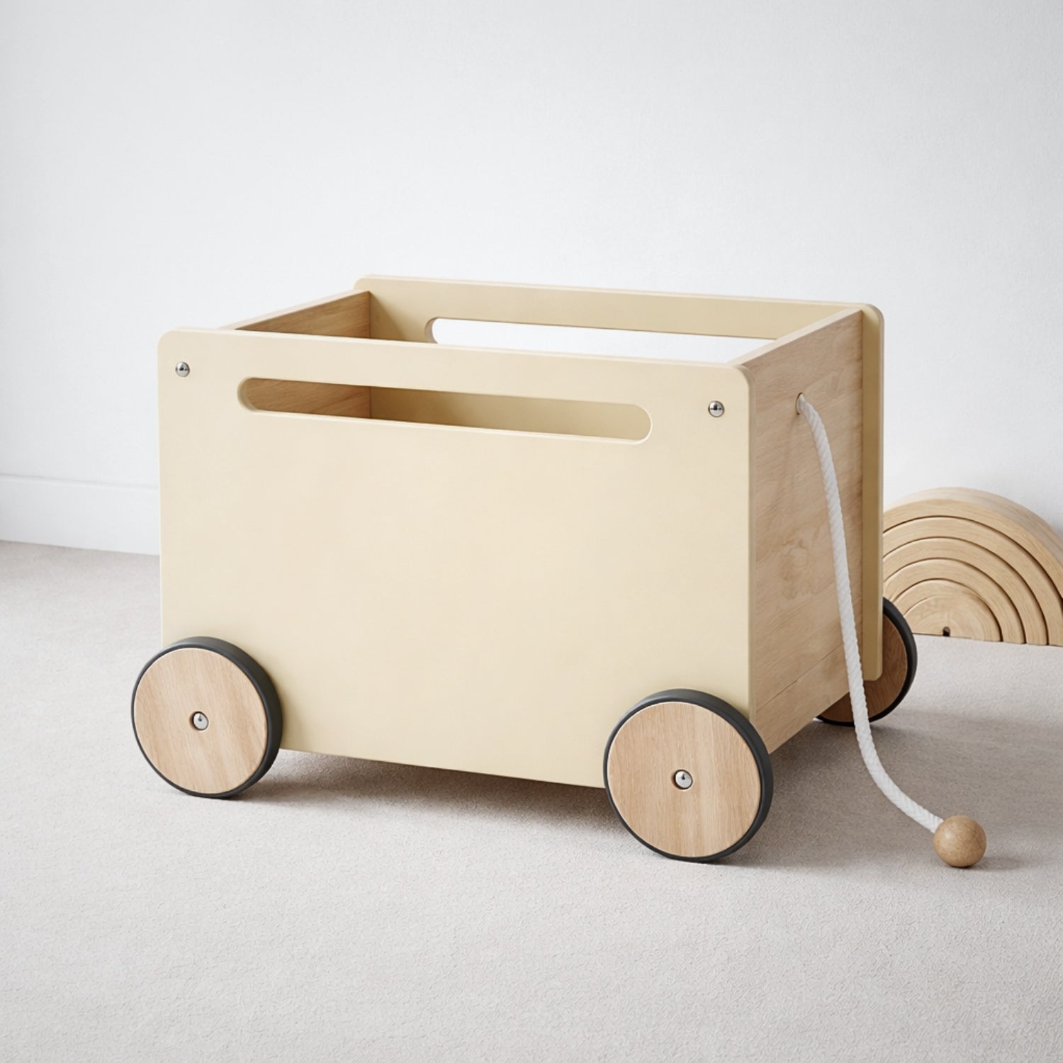 Chariot de rangement enfant en bois Montessori - Meuble rangement Jouets & Livres chambre - Design beige - JouetApprends