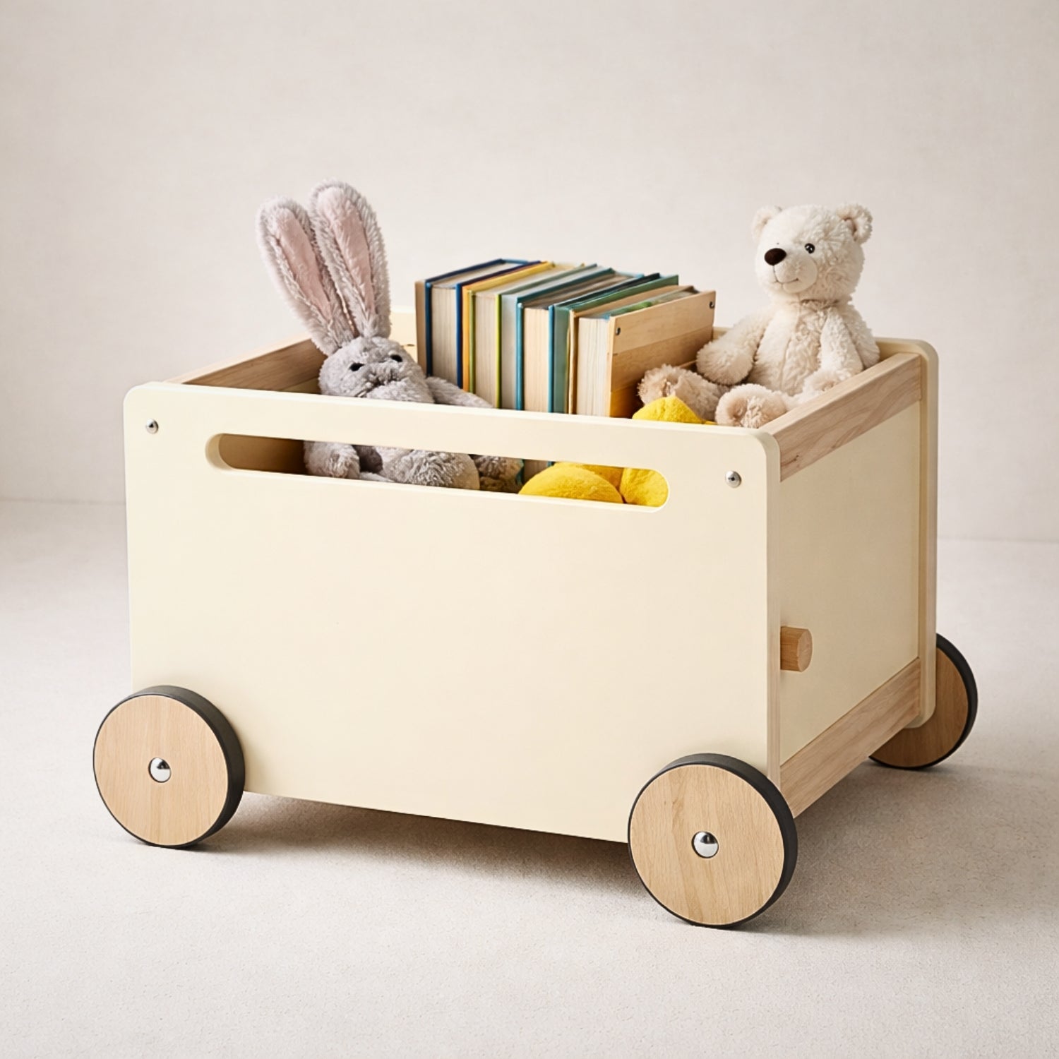 Chariot de rangement enfant en bois Montessori - Meuble rangement Jouets & Livres chambre - Design beige - JouetApprends