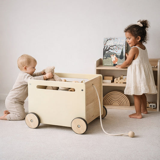 Chariot de rangement enfant en bois Montessori - Meuble rangement Jouets & Livres chambre - Design beige - JouetApprends