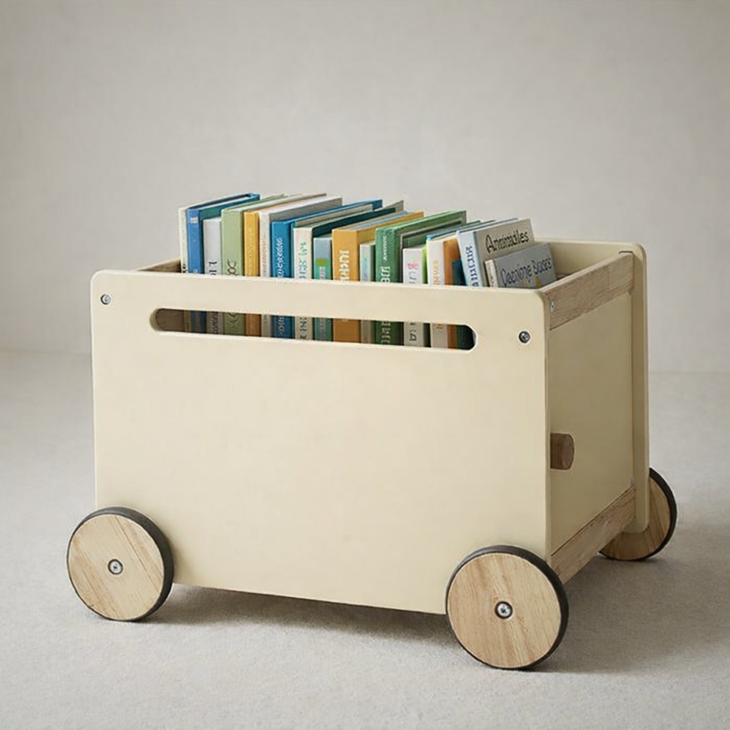 Chariot de rangement enfant en bois Montessori - Meuble rangement Jouets & Livres chambre - Design beige - JouetApprends