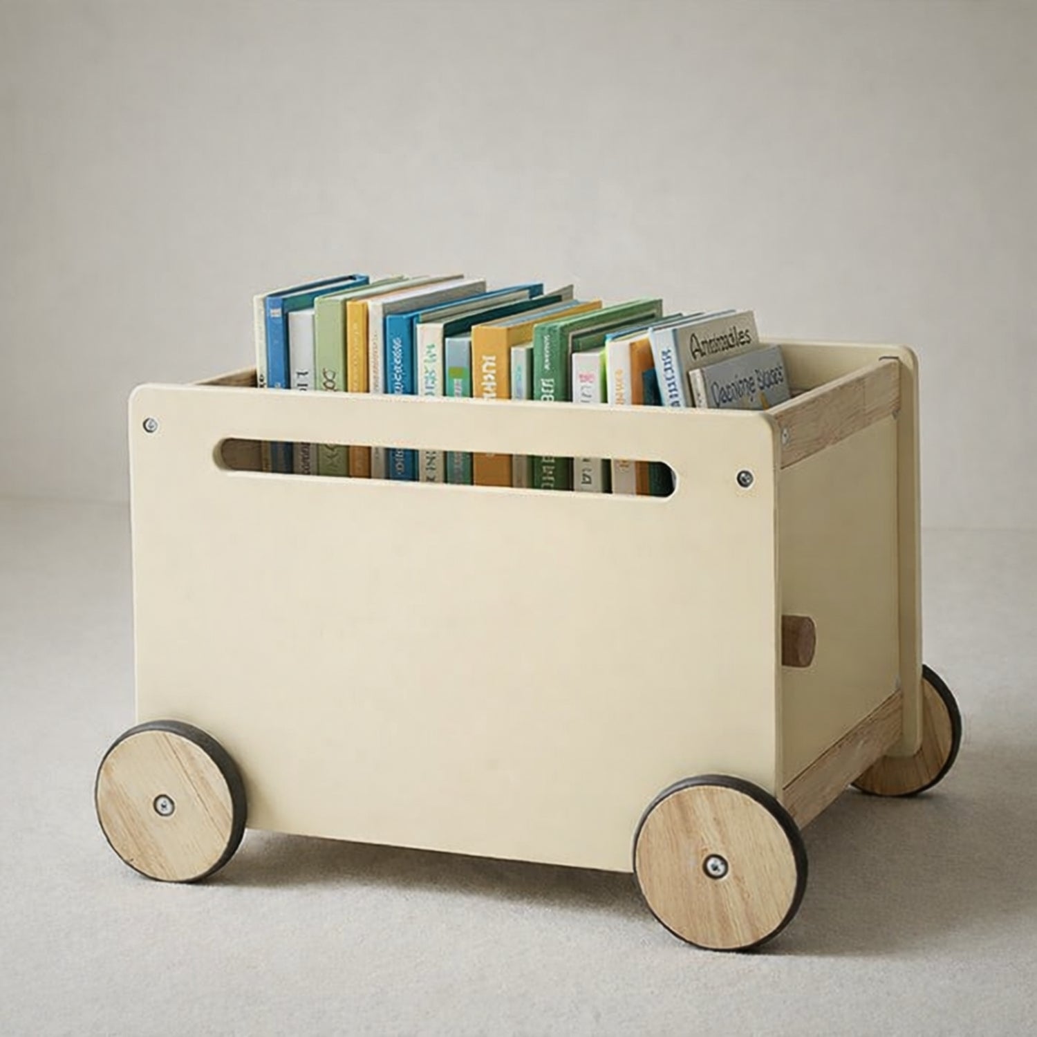 Chariot de rangement enfant en bois Montessori - Meuble rangement Jouets & Livres chambre - Design beige - JouetApprends