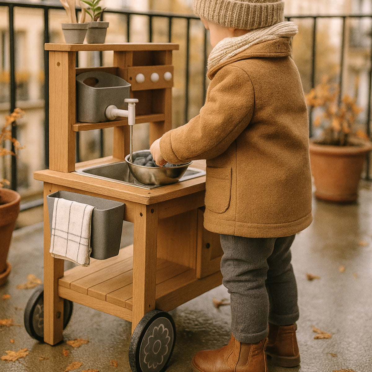 OOOK Tabouret De Poterie Enfant Avec Évier Amovible – Cuisine Extérieure En Bois Mud Kitchen + Outils Jardinage, Arrosoir, Pots, Pour Enfants 3 Ans Et Plus