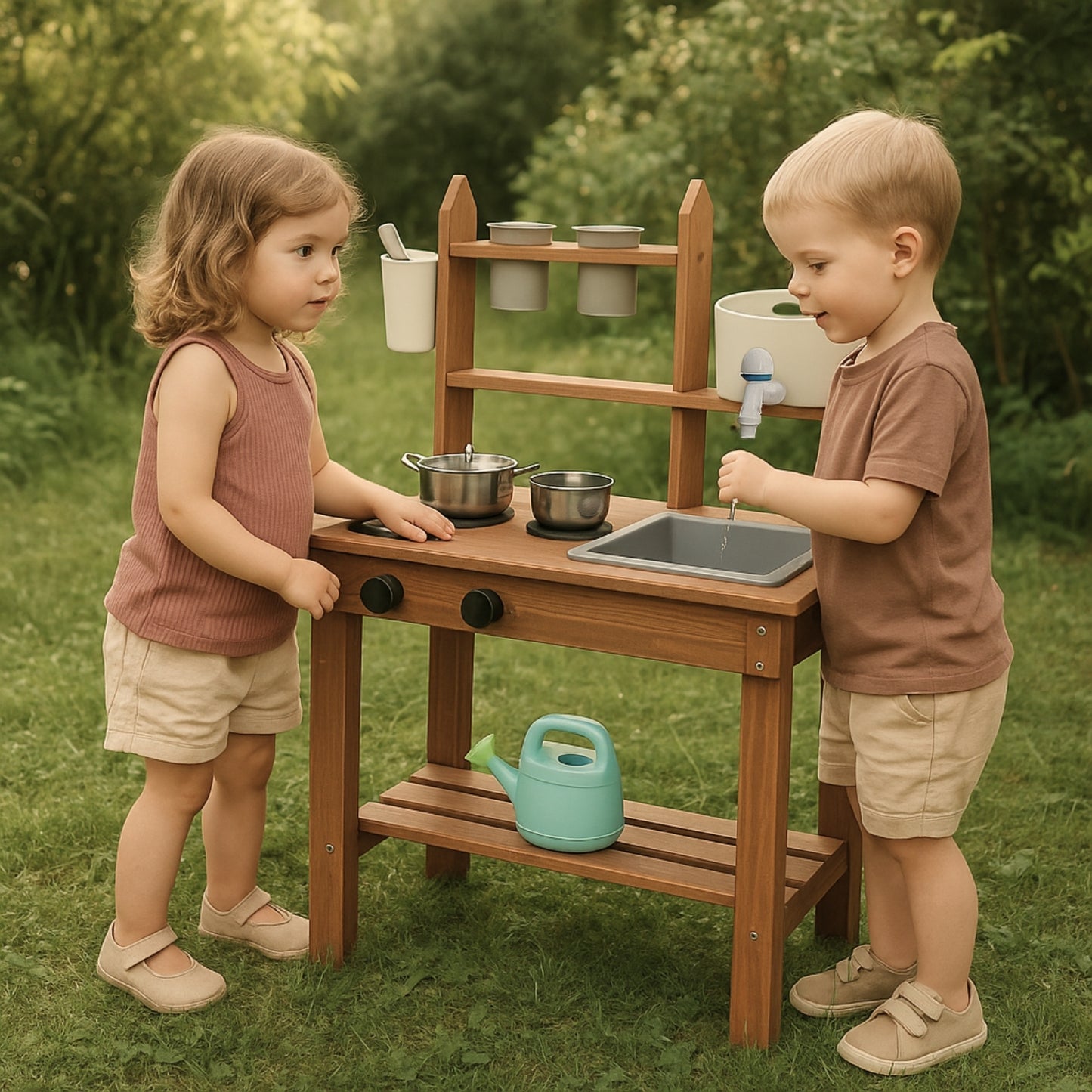 Cuisine d’extérieur en bois Montessori – Jeux, Aventures Sensorielles & Autonomie- Enfant  2-5 ans