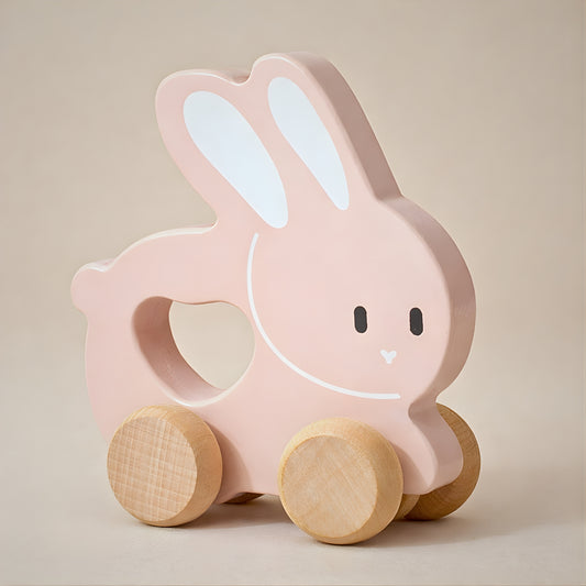 Petit Lapin rose à pousser en bois - Jouet bébé Montessori dès 1 an - JouetApprends