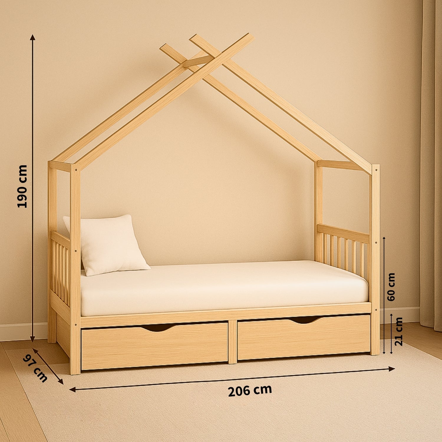 Lit Cabane Montessori en Bois de Pin Massif 90x200 cm avec 2 Tiroirs de Rangement - Cocon naturel & nuits paisibles - JouetApprends