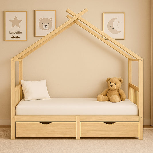 Lit Cabane Montessori en Bois de Pin Massif 90x200 cm avec 2 Tiroirs de Rangement - Cocon naturel & nuits paisibles - JouetApprends