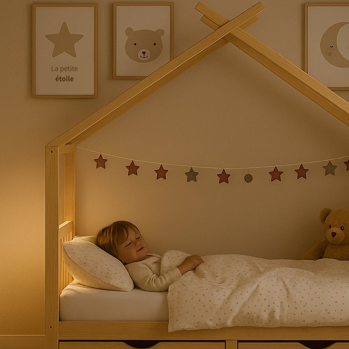 Lit Cabane Montessori en Bois de Pin Massif 90x200 cm avec 2 Tiroirs de Rangement - Cocon naturel & nuits paisibles - JouetApprends