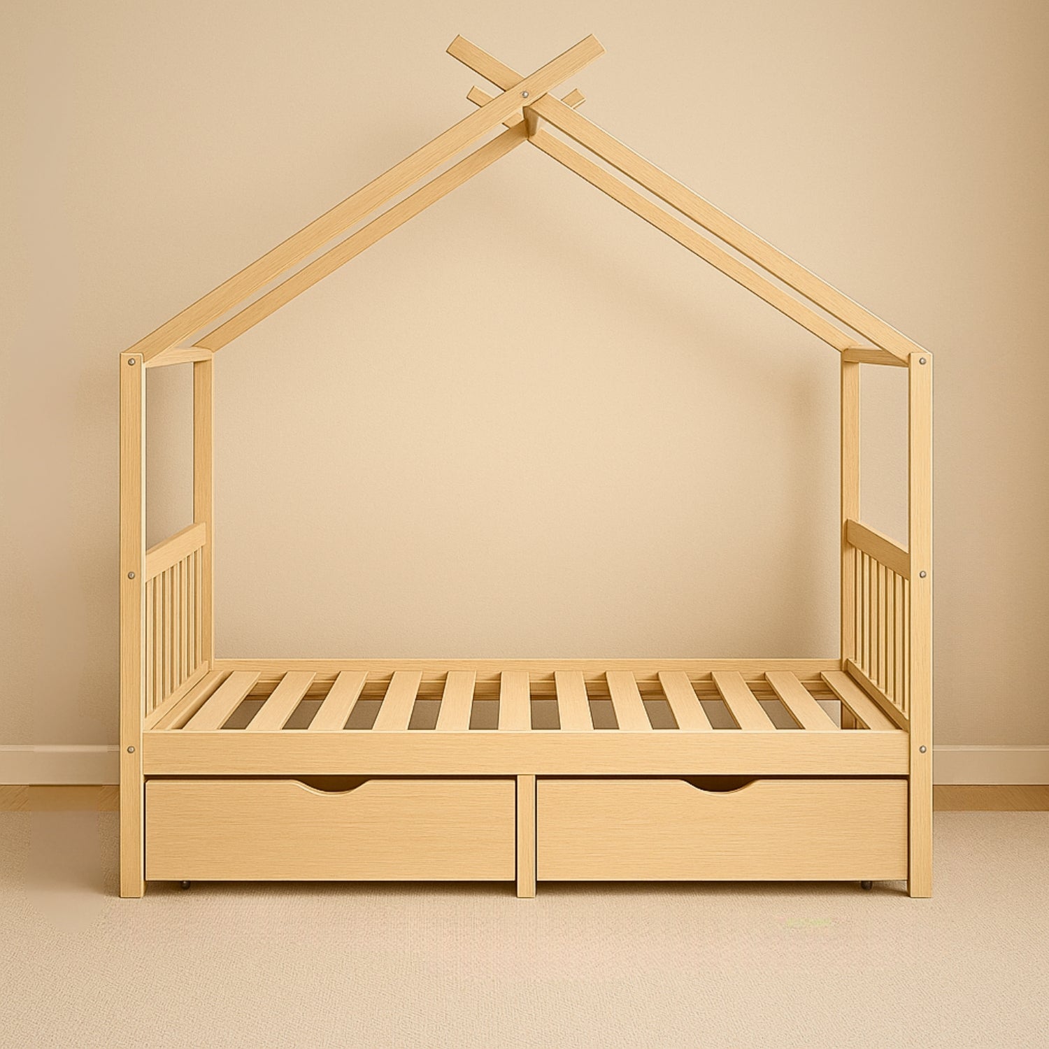 Lit Cabane Montessori en Bois de Pin Massif 90x200 cm avec 2 Tiroirs de Rangement - Cocon naturel & nuits paisibles - JouetApprends